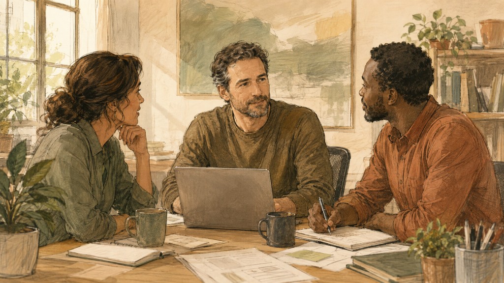 Three coworkers talking together at a sunlit office table with notebooks, coffee and a laptop