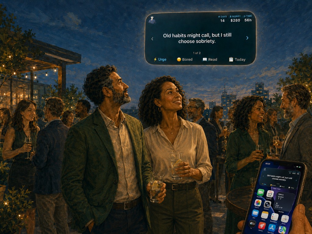 A couple at a gathering with a Sober Voice home screen widget showing sober time, an affirmation, and recovery tools