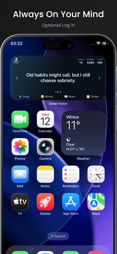 Sober Voice home screen widget keeping sobriety visible throughout the day
