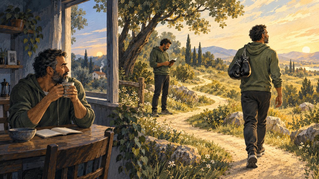 A man having a quiet morning, reading outdoors and walking into sunlight with boxing gloves, illustrating life returning in sobriety.