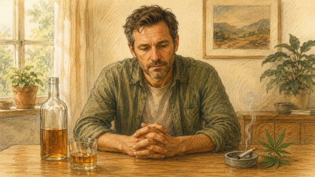 A man sitting between a glass of alcohol and cannabis, considering the risks of both substances.